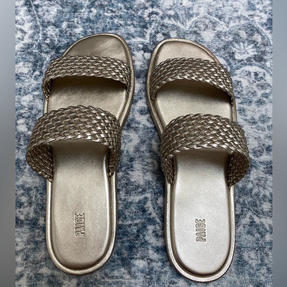 NWOT PAIGE Dakota Leather Light Gold w Braided Double-Strap Slide Sandals - 11